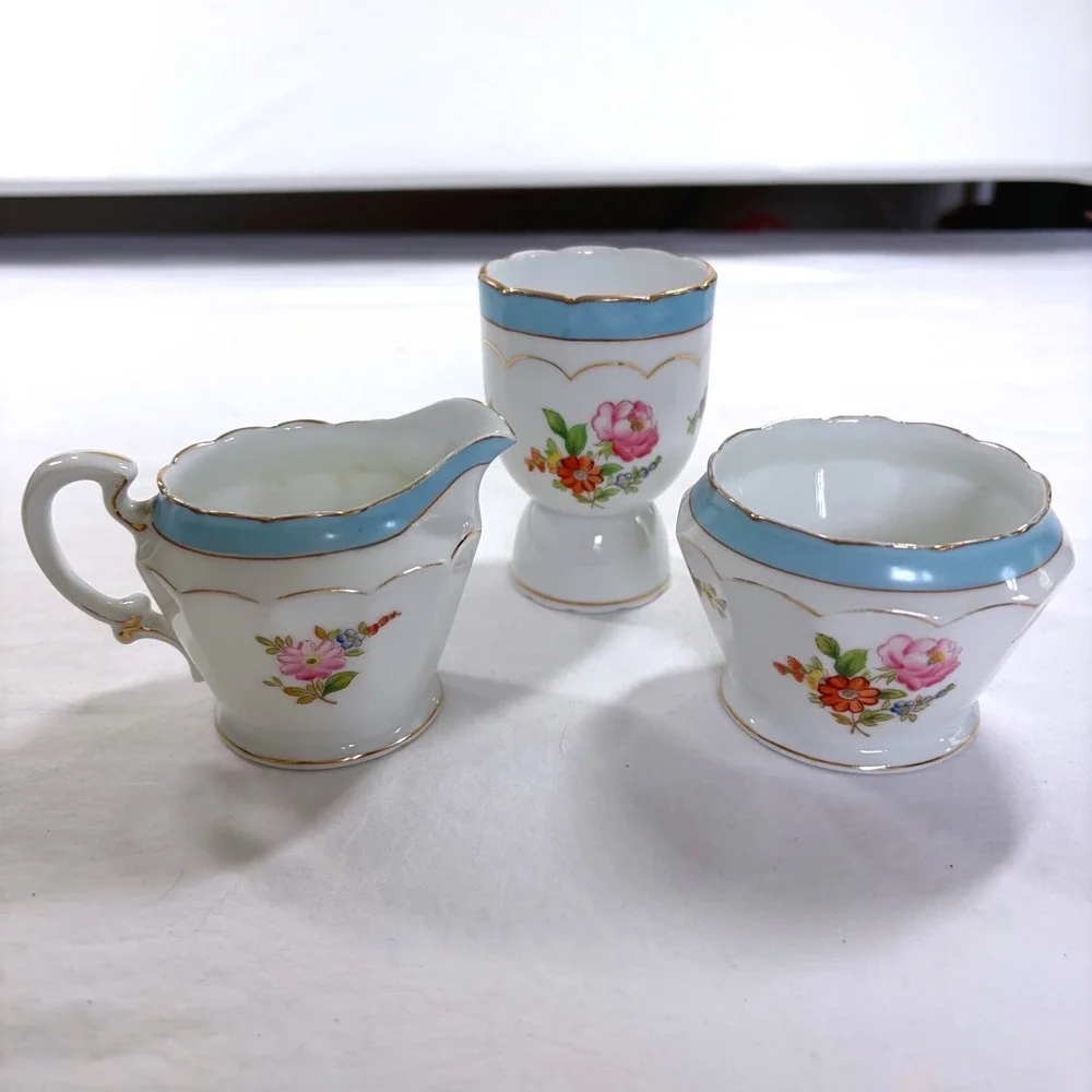 Vintage Noritake China Hand Painted Floral Creamer Sugar Egg Cup Set Blue Gold